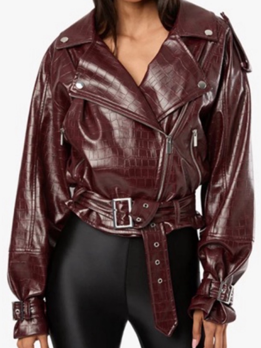 WeWoreWhat Croc-Embossed Wine Moto Jacket